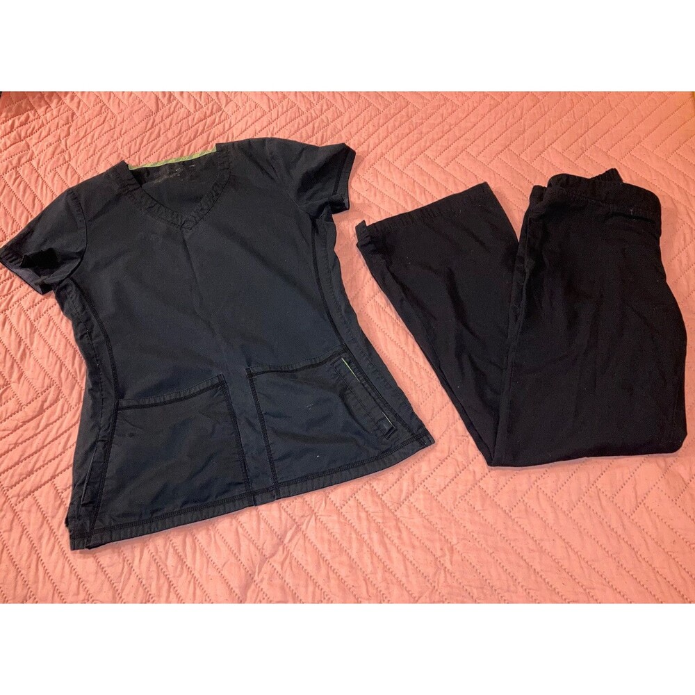 Black Nursing Small Scrub Top & XS Pants Set CNA Healthcare Scrubs Buttersoft RN